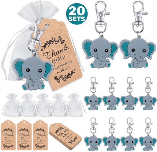 iZoeL 20 Sets Baby Shower Guest Gift, Blue Baby Elephant Keychains 20 Organza Bags 20 Thank You Tags, Ideas Presents Party Favors Boy Girl Kid Wedding Birthday Party Supply Decoration