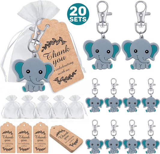 iZoeL 20 Sets Baby Shower Guest Gift,Baby Elephant Keychains 20 Organza Bags 20 Thank You Tags, Ideas Presents Party Favors Boy Girl Kid Birthday Party Supply