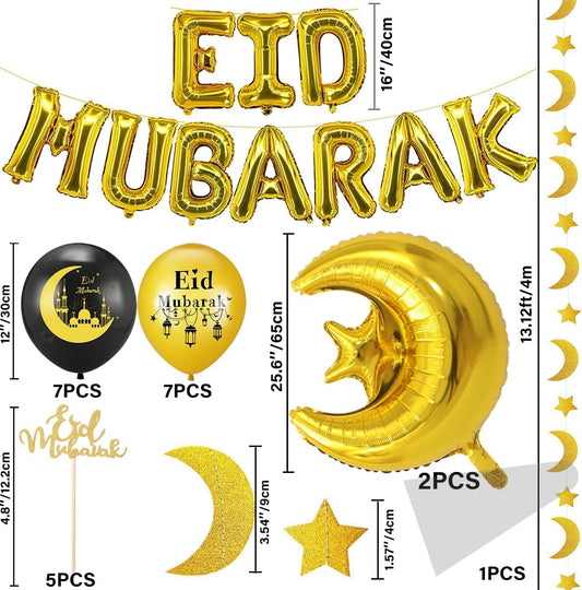 iZoeL EID Mubarak Decorations for Home Eid Decorations UK, Eid Mubarak Balloons Mubarak Banner Eid Cake Topper Moon Star Garland Eid Balloons for Home Restaurant Garden - Black Gold