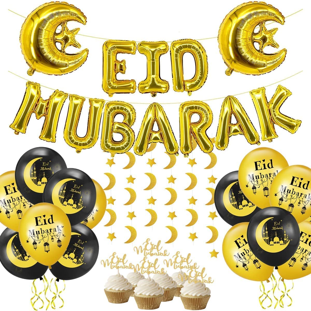iZoeL EID Mubarak Decorations for Home Eid Decorations UK, Eid Mubarak Balloons Mubarak Banner Eid Cake Topper Moon Star Garland Eid Balloons for Home Restaurant Garden - Black Gold