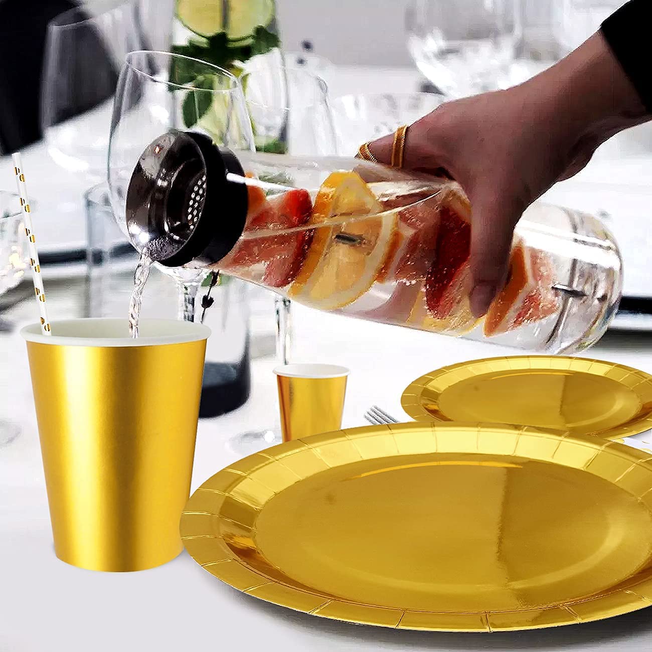 iZoeL Gold Party Decorations Supplies for 16Guests Tableware Bunting Curtain Tablecloth Plates Napkins Cups Straws Balloon Birthday Wedding Hen Party Anniversary
