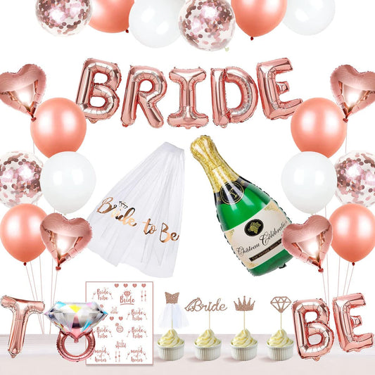 iZoeL Hen Party Decoration, Hen Party Accessories, Rose Gold Bride To Be Banner, Bride To Be Veil, Champagne Balloon, Tattoos for Team Bride, Bride Cake Topper, Confetti Balloons for Hen Do Wedding