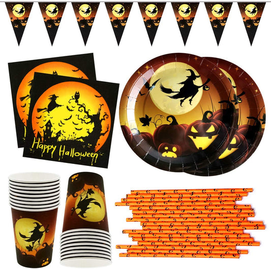 iZoeL Halloween Tableware for 20Guests Witches Banner Paper Plates Napkins Cups Straws - Disposable Dinnerware for Halloween Party Decorations Supplies