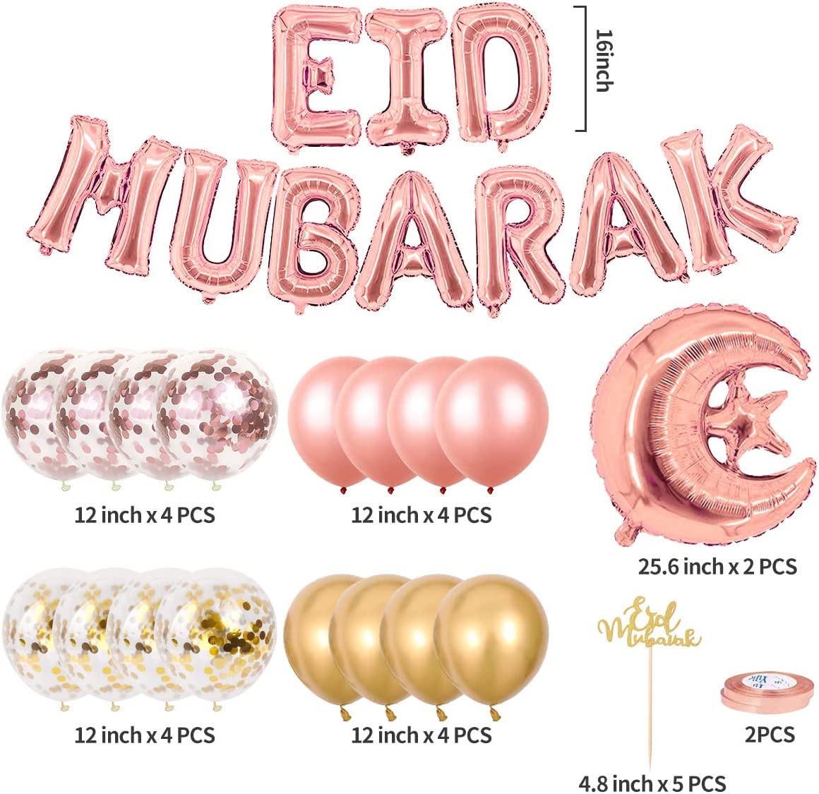 iZoeL EID Mubarak Decorations for Home Eid Decorations UK, Eid Mubarak Balloons Mubarak Banner Eid Cake TopperEid Balloons for Home Restaurant Garden - Rose Gold and Gold (Rose Gold and Gold)
