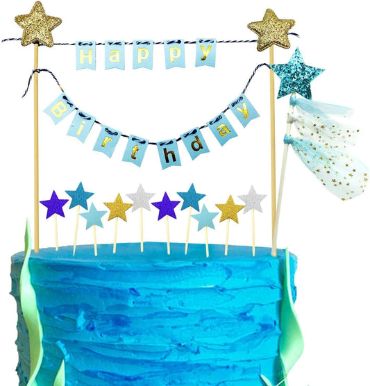 iZoeL Blue Cake Decorations, Happy Birthday Cake Topper Blue Gold Star Cupcake Topper for Boy Girl Kid Birthday Baby Shower Party Decoration (blue)