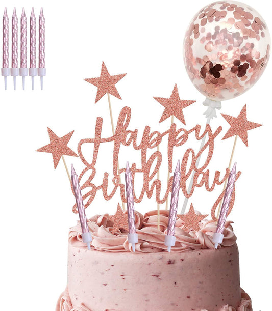 iZoeL Rose Gold Cake Topper Decorations Happy Birthday Banner Star Cake Cups Confetti Balloon Candle for Woman Man Girl Boy Birthday Party Favour (Rose Gold)