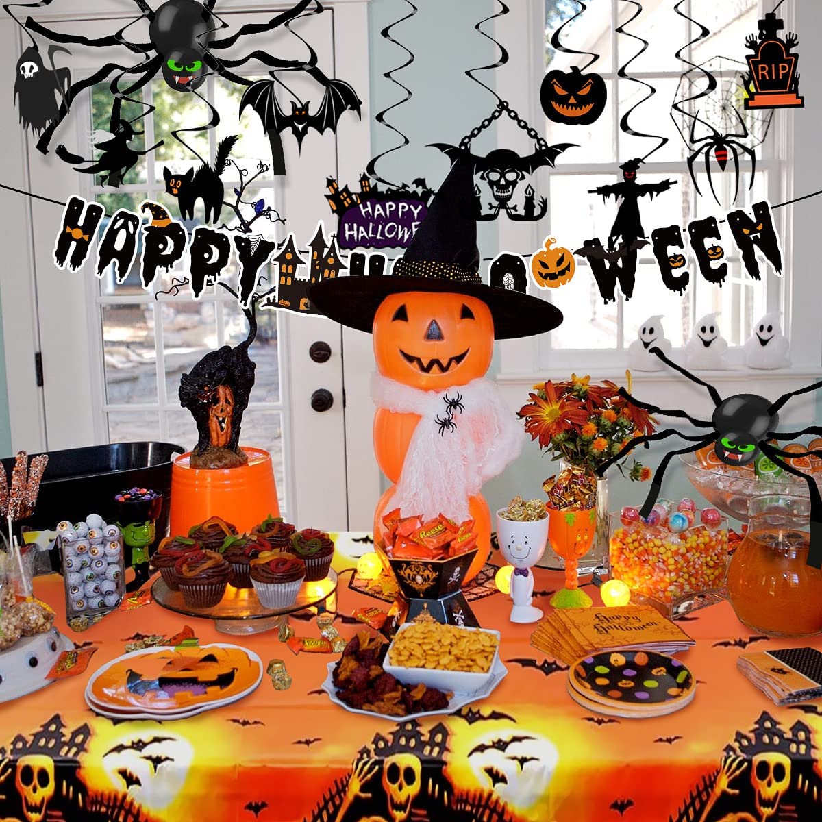iZoeL Halloween Balloon Party Decoration Pull Flag Spiral Tablecloth Sticker Spider Crepe Paper