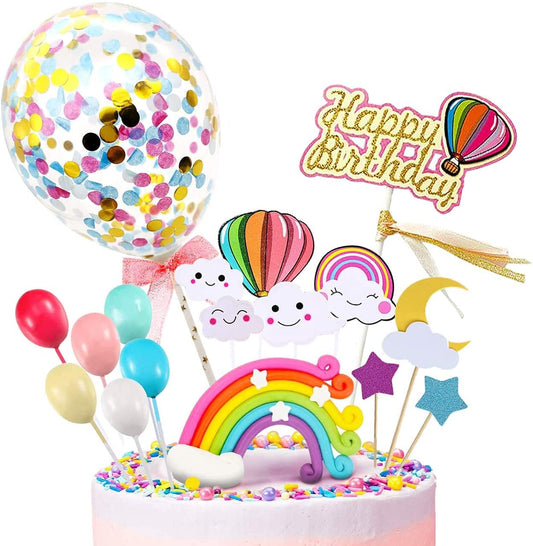 iZoeL Birthday Cake Topper Rainbow Cake Decoration Confetti Balloon Happy Birthday Cupcake Topper Moon Cloud Stars for Girls Boys Kids Woman Birthday Anniversary Wedding Baby Shower