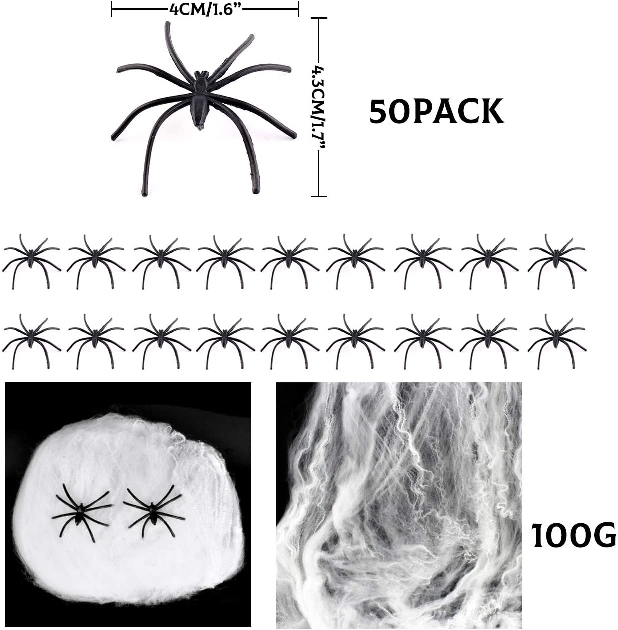 iZoeL 100g Stretchable Spider Web (Night Luminous) Cobweb webbing plus 50pcs Big Fake Spider for Halloween Night Haunted House Bar Pub Party Decoration