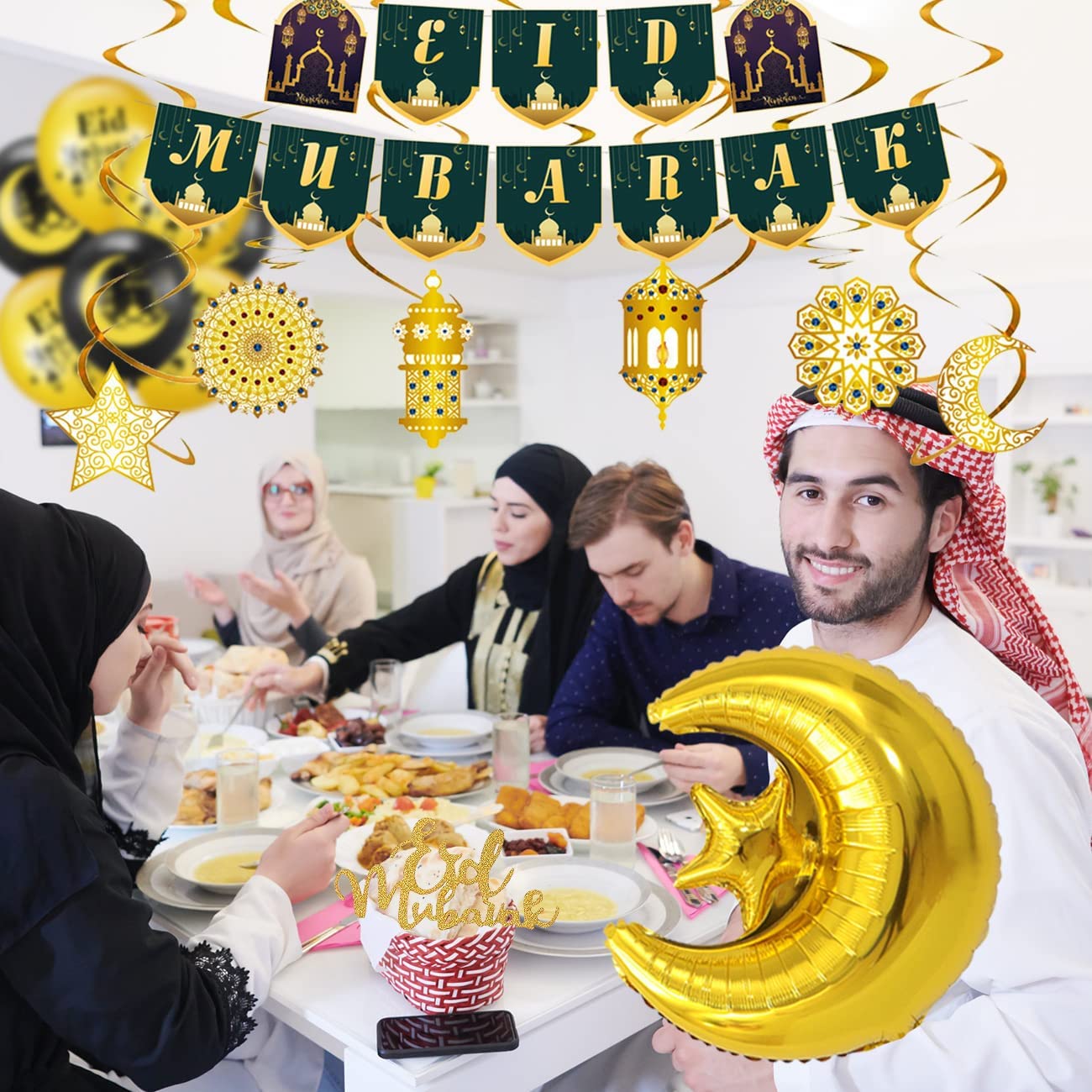 iZoeL EID Mubarak Decorations for Home Eid Decorations UK, Eid Mubarak Balloons Mubarak Banner Eid Cake Topper Moon Star Garland Eid Hanging Swirls for Home Restaurant Garden Decor