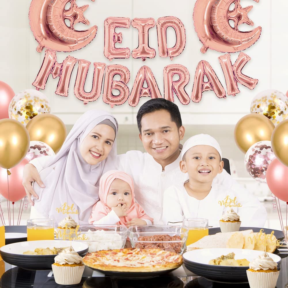 iZoeL EID Mubarak Decorations for Home Eid Decorations UK, Eid Mubarak Balloons Mubarak Banner Eid Cake TopperEid Balloons for Home Restaurant Garden - Rose Gold and Gold (Rose Gold and Gold)