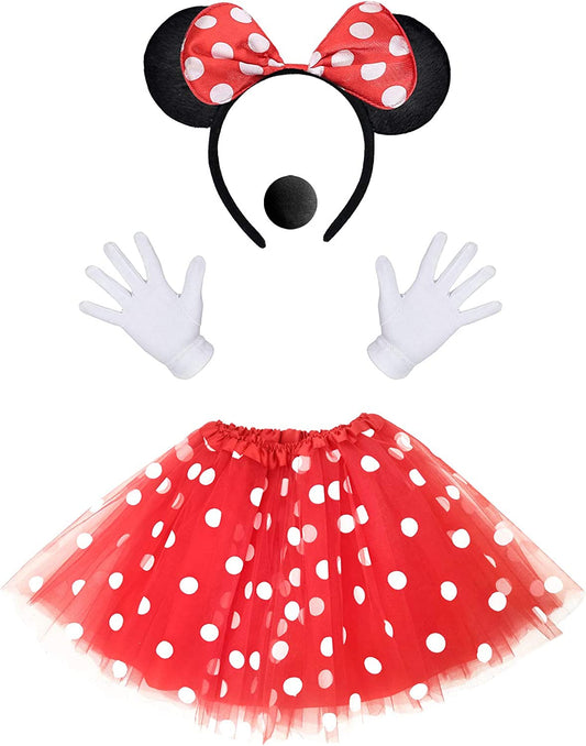iZoeL Minnie Mouse Costume Kit incl. red tutu skirt with white polka dot, Minnie Mouse Ear Headband, 2 White Gloves, Black Nose for Carnival Cartoon cosplay Decoration Party Character Adult kid