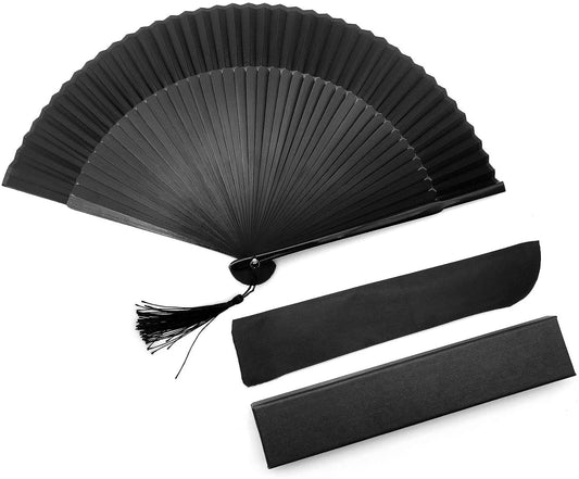 iZoeL Hand Bamboo Fan Handheld Folding Portable Fans, Black Fabric Fan with Tassel with High-end Gift Bag, Hand Held Pocket Chinese Fan Idea Wedding Birthday Gift for Man Women