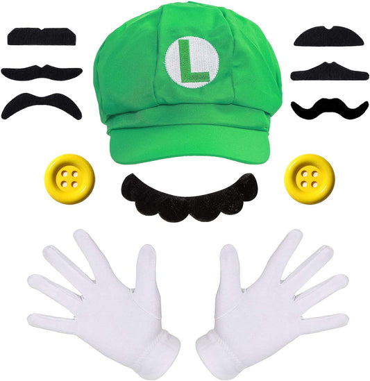iZoeL Super Luigi Hat Kit incl. Luigi Green Hat + 2x white gloves + 7x mustache + 2x 5cm buttons for Luigi Party Character Games Carnival Decoration Adult Man Women Boy Girl kid