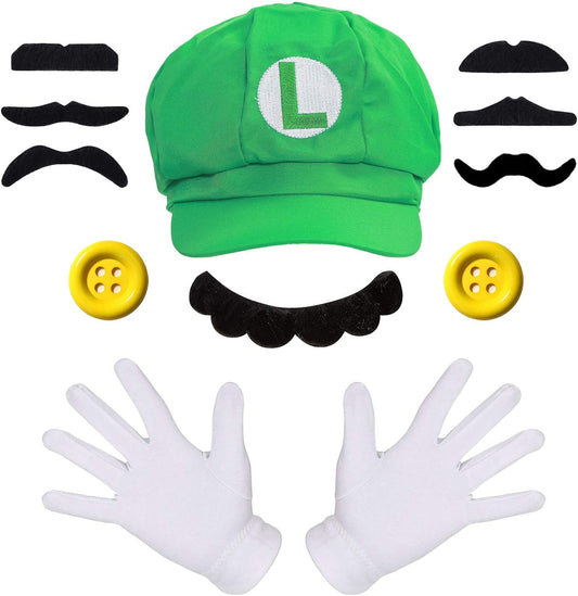 iZoeL Super Luigi Hat Kit incl. Luigi Green Hat + 2x white gloves + 7x mustache + 2x 5cm buttons for Luigi Party Character Games Carnival Decoration Adult Man Women Boy Girl kid