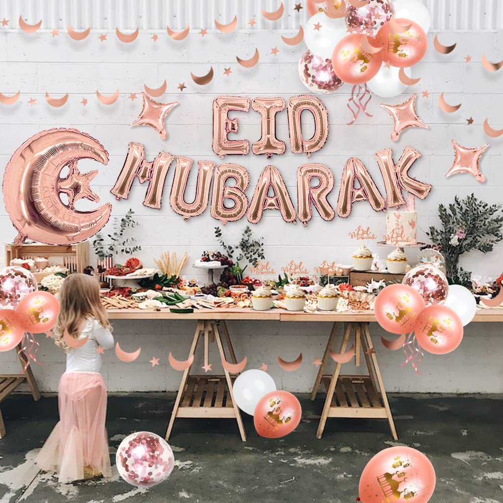 iZoeL EID Mubarak Decorations for Home Eid Decorations UK Rose Gold, Eid Mubarak Balloons Mubarak Banner Eid Cake Topper Moon Star Garland Eid Balloons for Home Restaurant Garden