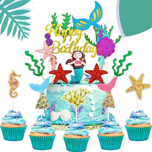 iZoeL 29pcs Mermaid Cake Topper, Seahorse Mermaid Tail Seaweed Starfish Cupcake, Happy Birthday Banner Cake Decoration For Girl Kid Baby Ocean Birthday party Baby Shower