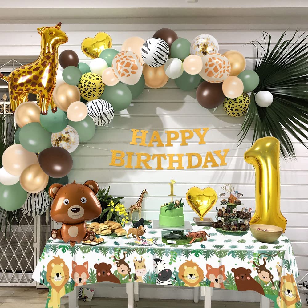 iZoeL 1st Birthday Decorations for Baby Girls Boys 1st Birthday Banner Balloons, Sage Green Balloon Arch Kit, Giraffe Bear Balloons Wild Tablecloth 1st Cake Topper Wild One Animal Birthday Party
