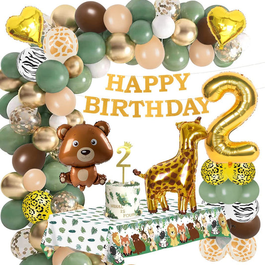 iZoeL 2nd Birthday Decorations for Baby Girls Boys 2 Birthday Banner Balloons, Sage Green Balloon Arch Kit, Giraffe Bear Balloons Wild Tablecloth 2nd Cake Topper Wild Two Animal Birthday Party
