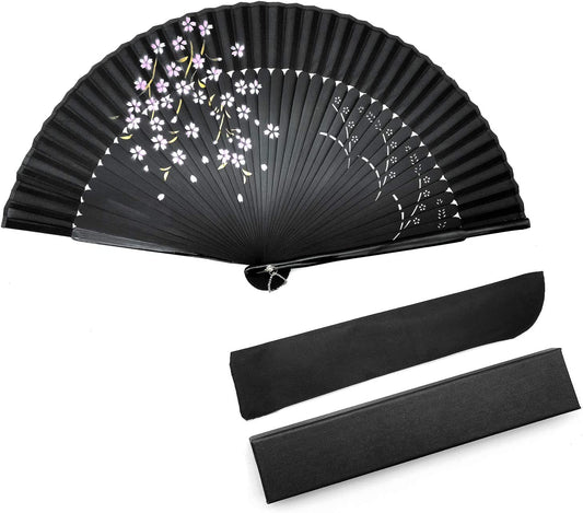 iZoeL Hand Bamboo Fan Handheld Folding Portable Fans, Black Fabric Cherry Fan with High-end Gift Bag, Hand Held Pocket Chinese Fan Idea Wedding Birthday Gift for Man Women