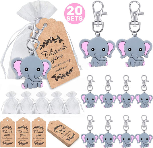 iZoeL 20 Sets Baby Shower Guest Gift,Baby Elephant Keychains 20 Organza Bags 20 Thank You Tags, Ideas Presents Party Favors Boy Girl Kid Birthday Party Supply