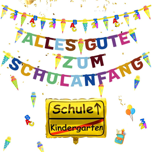 iZoeL Schuleinführung Schulanfang Einschulung Deko Alles Gute Zum Schulanfang Girlande + Schultüte Banner + Folienballon + 123 ABC Konfetti für Junge Mädchen