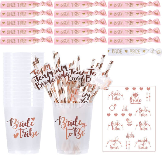 iZoeL Hen Party Accessories, 16 Hen Party Cups Straws, 1 Bride Bracelet Bride Tribe Bracelet, Tattoos Bride Tribe - Hen Party Decoration Hen Party Bag Fillers Hen Do Bride to Be Decorations