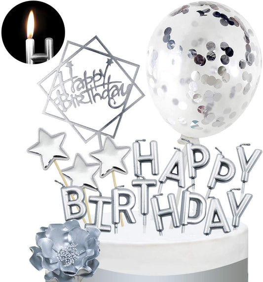 iZoeL Silver Cake Decoration Silver Happy Birthday Candles Happy Birthday Banner Confetti Balloon Stars Cake Topper For Silver Theme Party Decor Girl Kid Women Birthday Party Baby Shower Anniversary