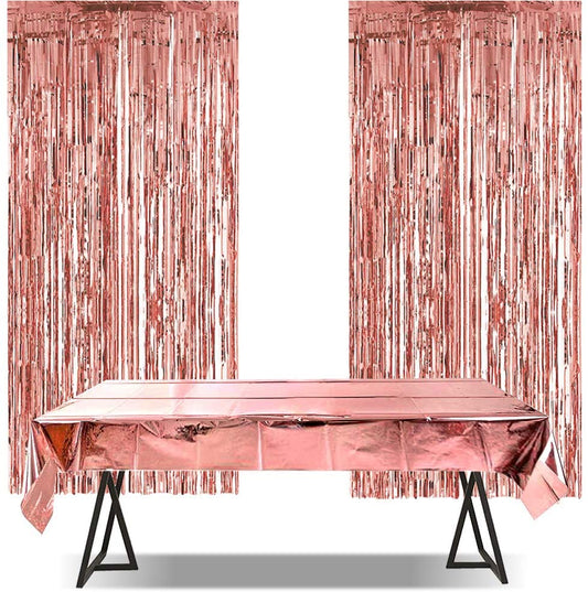 iZoeL Rose Gold Birthday Party Decoration, 2 Rose Gold Fringe Curtain, 1 Rose Gold Foil Tablecloth for Girl Women Birthday Party Hen Party Wedding