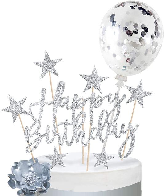 iZoeL Sliver Cake Decoration Confetti Balloon Cake Topper Sliver Happy Birthday Cake Topper Stars Heart Cupcake Topper for Women Man Boys Girls (silver)