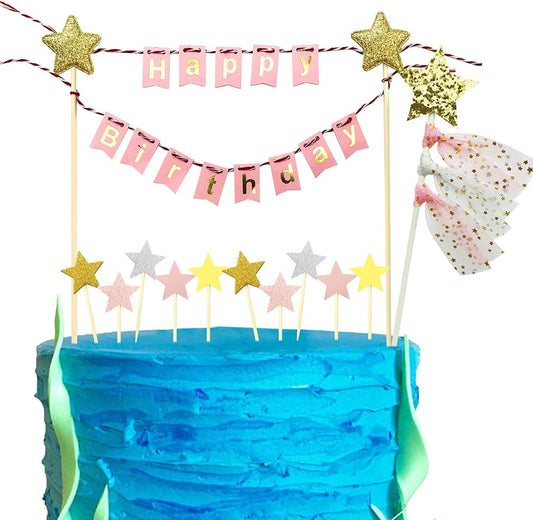 iZoeL Rainbow Cake Decorations, Happy Birthday Cake Topper Bunting Banner, Rainbow Moon Gold Star Cupcake Topper for Boy Girl Kid Birthday Baby Shower Party Decoration (Pink)