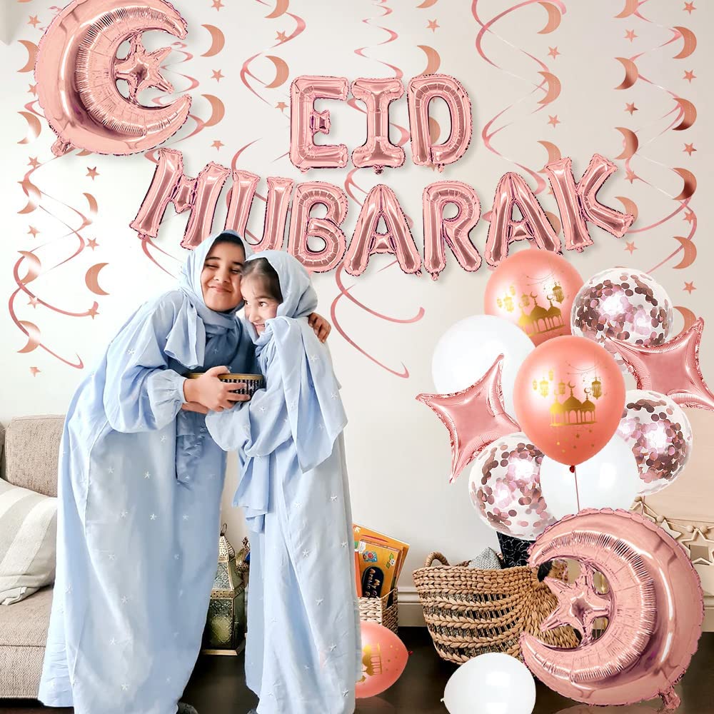 iZoeL EID Mubarak Decorations for Home Eid Decorations UK Rose Gold, Eid Mubarak Balloons Mubarak Banner Eid Cake Topper Moon Star Garland Eid Balloons for Home Restaurant Garden