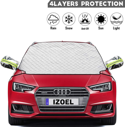 iZoeL Windshield Cover for Winter, Frost Guard Windscreen Cover, Side Wing Mirrors Cover with Reflector, Snow Ice Protector Full Protection for Normal Car Size (146cm * 126cm)