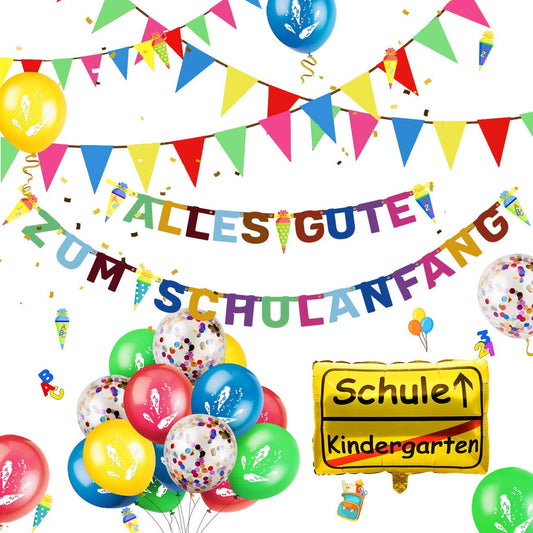 iZoeL Schuleinführung Schulanfang Einschulung Deko Alles Gute Zum Schulanfang Girlande + 10m Wimpelkette + Folienballon + 15 Luftballon + 123 ABC Konfetti für Junge Mädchen