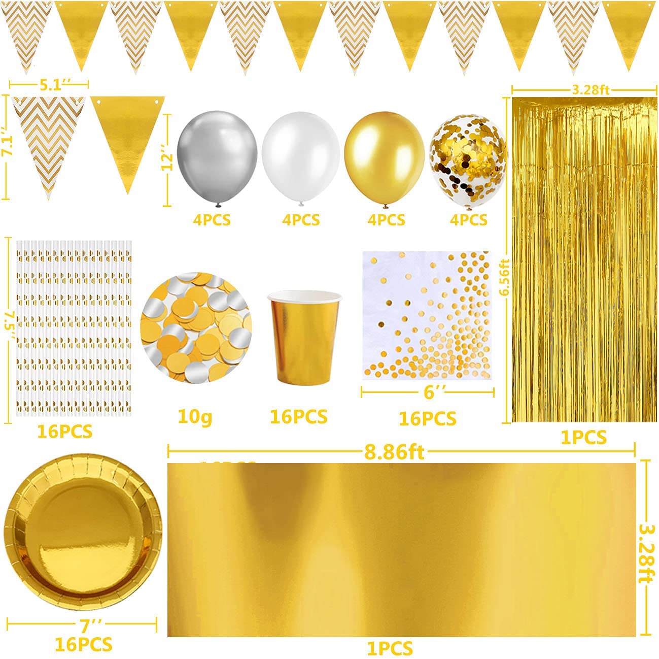 iZoeL Gold Party Decorations Supplies for 16Guests Tableware Bunting Curtain Tablecloth Plates Napkins Cups Straws Balloon Birthday Wedding Hen Party Anniversary