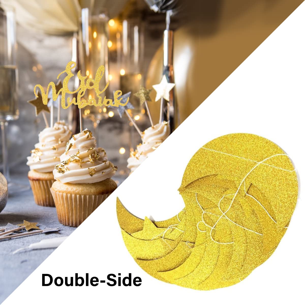 iZoeL EID Mubarak Decorations for Home Eid Decorations UK, Eid Mubarak Balloons Mubarak Banner Eid Cake Topper Moon Star Garland Eid Balloons for Home Restaurant Garden - Black Gold