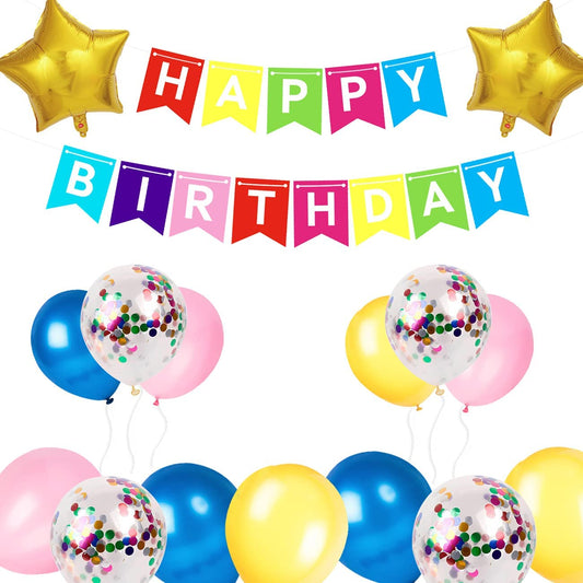 iZoeL Birthday Decoration for Girls, Happy Birthday Banner, Confetti Balloons, Big Star Balloons, for Women Her Birthday Party Supplies Baby Shower