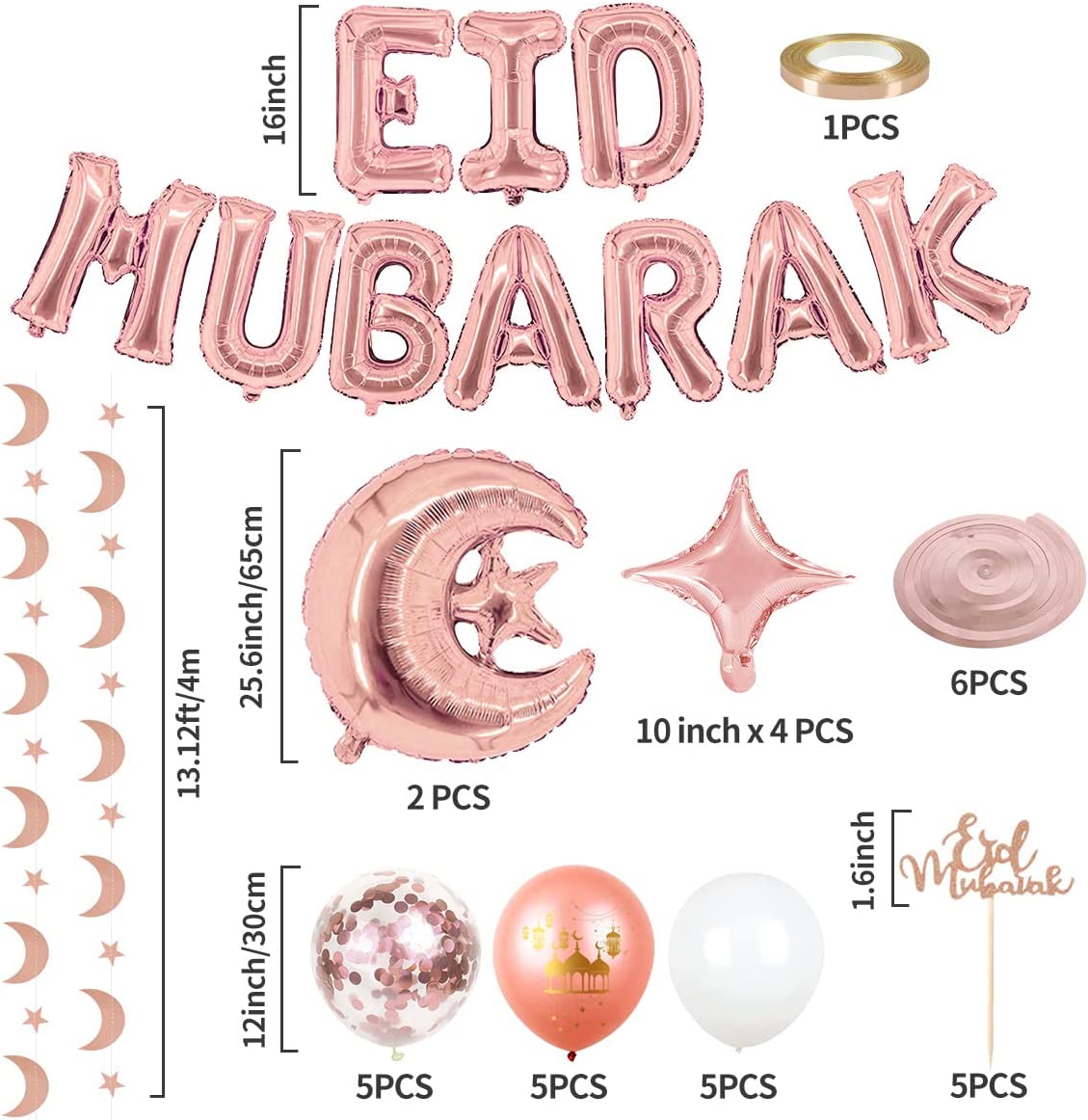 iZoeL EID Mubarak Decorations for Home Eid Decorations UK Rose Gold, Eid Mubarak Balloons Mubarak Banner Eid Cake Topper Moon Star Garland Eid Balloons for Home Restaurant Garden