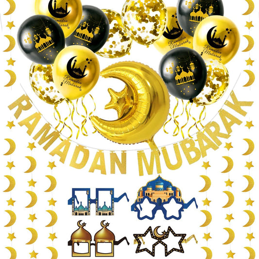 iZoeL Ramadan Decorations for Home Ramadan Mubarak Decor Eid Decorations Ramadan Balloons Banner Moon Star Garland Party Glasses Photo Booth Props for Restaurant Garden Decor