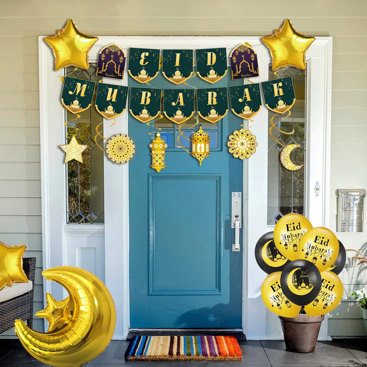 iZoeL EID Mubarak Decorations for Home Eid Decorations UK, Eid Mubarak Balloons Mubarak Banner Eid Cake Topper Moon Star Garland Eid Hanging Swirls for Home Restaurant Garden Decor