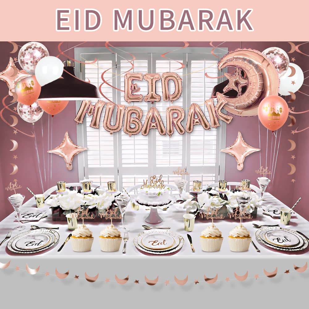 iZoeL EID Mubarak Decorations for Home Eid Decorations UK Rose Gold, Eid Mubarak Balloons Mubarak Banner Eid Cake Topper Moon Star Garland Eid Balloons for Home Restaurant Garden