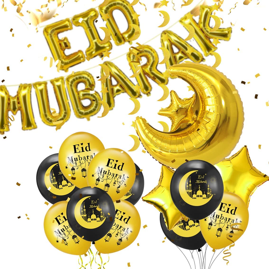 iZoeL EID Mubarak Decorations for Home Eid Decorations UK, Eid Mubarak Balloons Mubarak Banner Eid Cake Topper Moon Star Garland Eid Balloons for Home Restaurant Garden - Black Gold