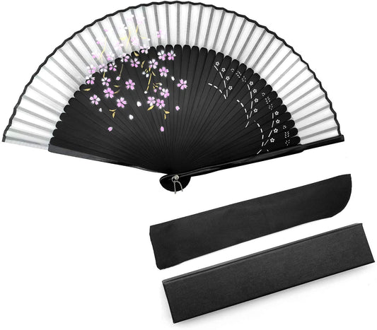 iZoeL Hand Bamboo Fan Handheld Folding Portable Fans, Black Fabric Cherry Fan with High-end Gift Bag, Cherry Pattern Hand Held Pocket Chinese Fan Idea Wedding Birthday Gift for Man Women