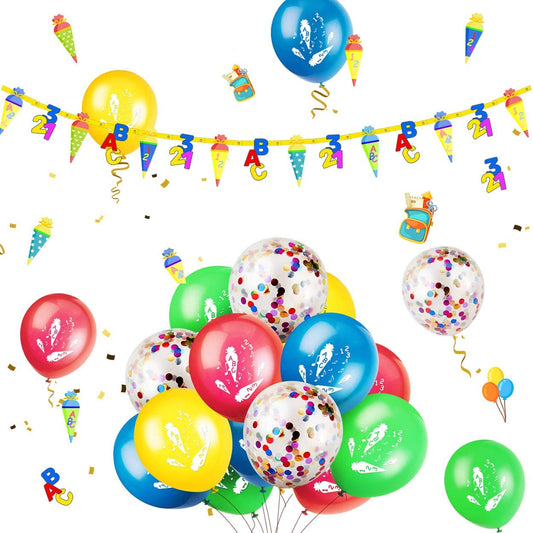 iZoeL Schuleinführung Schulanfang Einschulung Deko Schultüte Banner + 15 Luftballon + 123 ABC Konfetti für Junge Mädchen