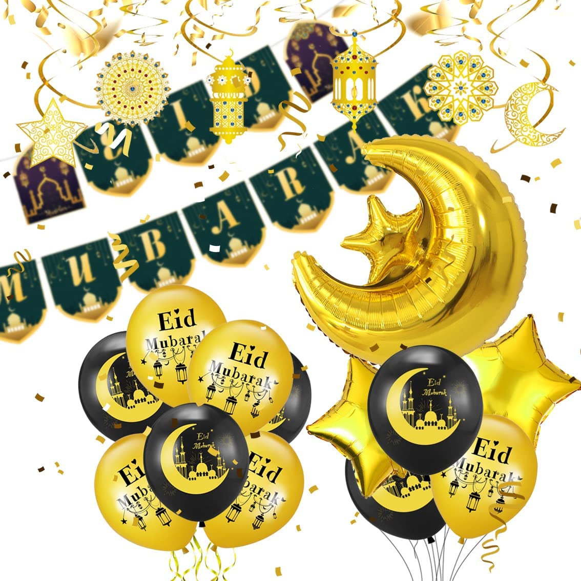 iZoeL EID Mubarak Decorations for Home Eid Decorations UK, Eid Mubarak Balloons Mubarak Banner Eid Cake Topper Moon Star Garland Eid Hanging Swirls for Home Restaurant Garden Decor