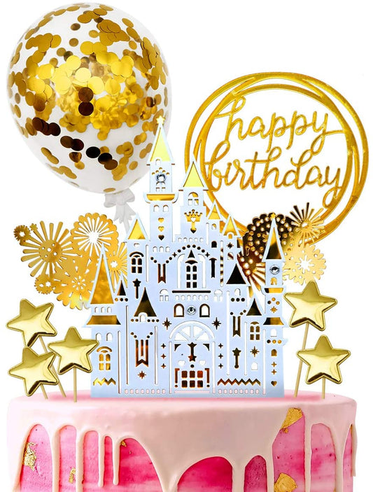 iZoeL Gold Birthday Cake Decoration Gold White Castle Happy Birthday Banner Confetti Balloon Fireworks Star Golden cake Topper for Gold Theme Party Decor Girl Boy Kid Women Man