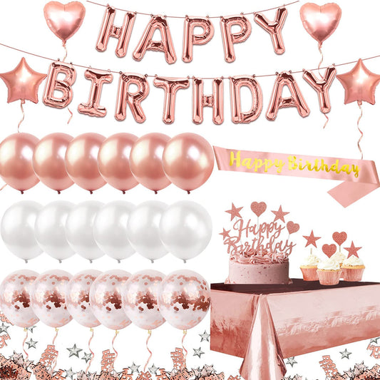 iZoeL Rose Gold Birthday Party Decoration, Happy Birthday Banner, Rose Gold Foil Tablecloth, Birthday Sash, Heart Star Foil Confetti Balloons 11pcs Cake Toppers 10g Table Confetti for Girls Women