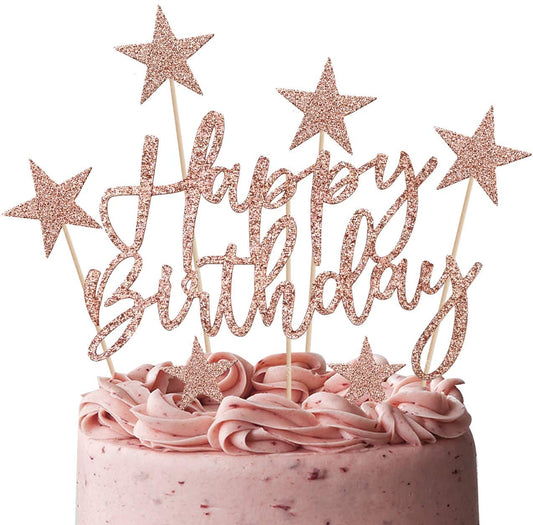 iZoeL 2 Sets Cake Decoration Rose Gold Cake Topper Happy Birthday Banner Confetti Balloon Stars Heart Cake Topper for Women Girls Rose Gold Theme Birthday Party Decor Hen Party
