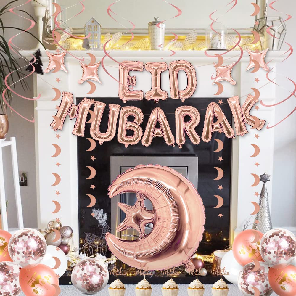 iZoeL EID Mubarak Decorations for Home Eid Decorations UK Rose Gold, Eid Mubarak Balloons Mubarak Banner Eid Cake Topper Moon Star Garland Eid Balloons for Home Restaurant Garden