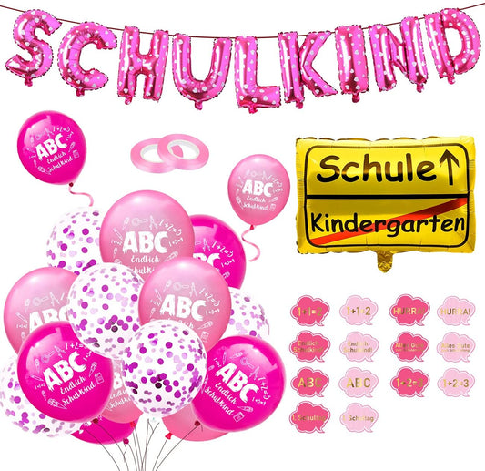 iZoeL Decorative First Day of School Girl Pink School Child Garlands Foil Balloon + First Day of School Decoration Foil Balloon + 15 Red Balloons School Introduction + Balloon Ribbons